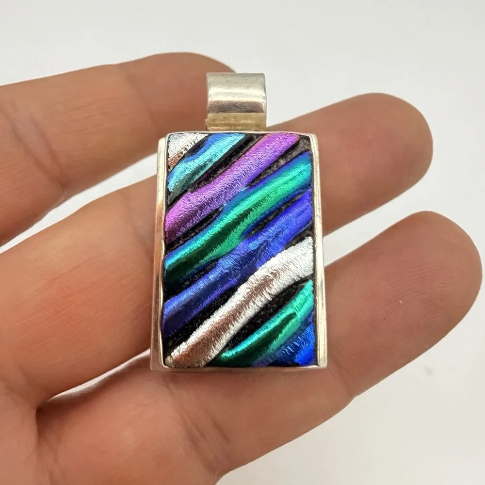 VTG Sterling Silver Taxco Mexico  Dichroic Glass Pendant Modernist Heavy TV-78