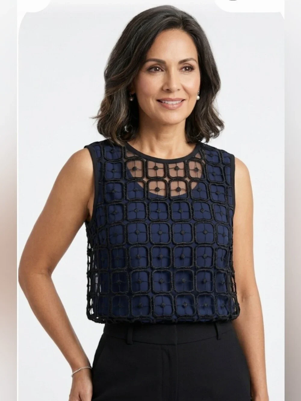Tory Burch Navy - Black Overlay Sleeveless Top Size 12